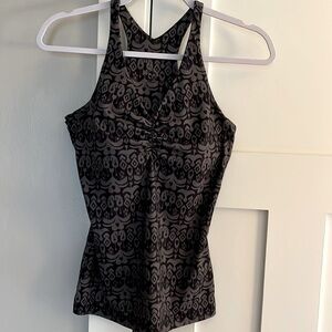 Prana Racerback Shelf Bra Yoga Tank Black/Gray Boho Ikat Print S